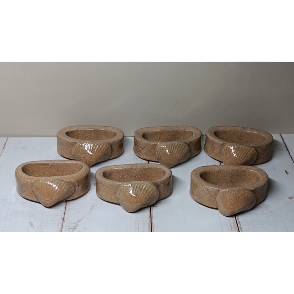 Signed Studio Pottery Napkin Rings Cockle Shell Sand Coastal Beach Dining 6 pc